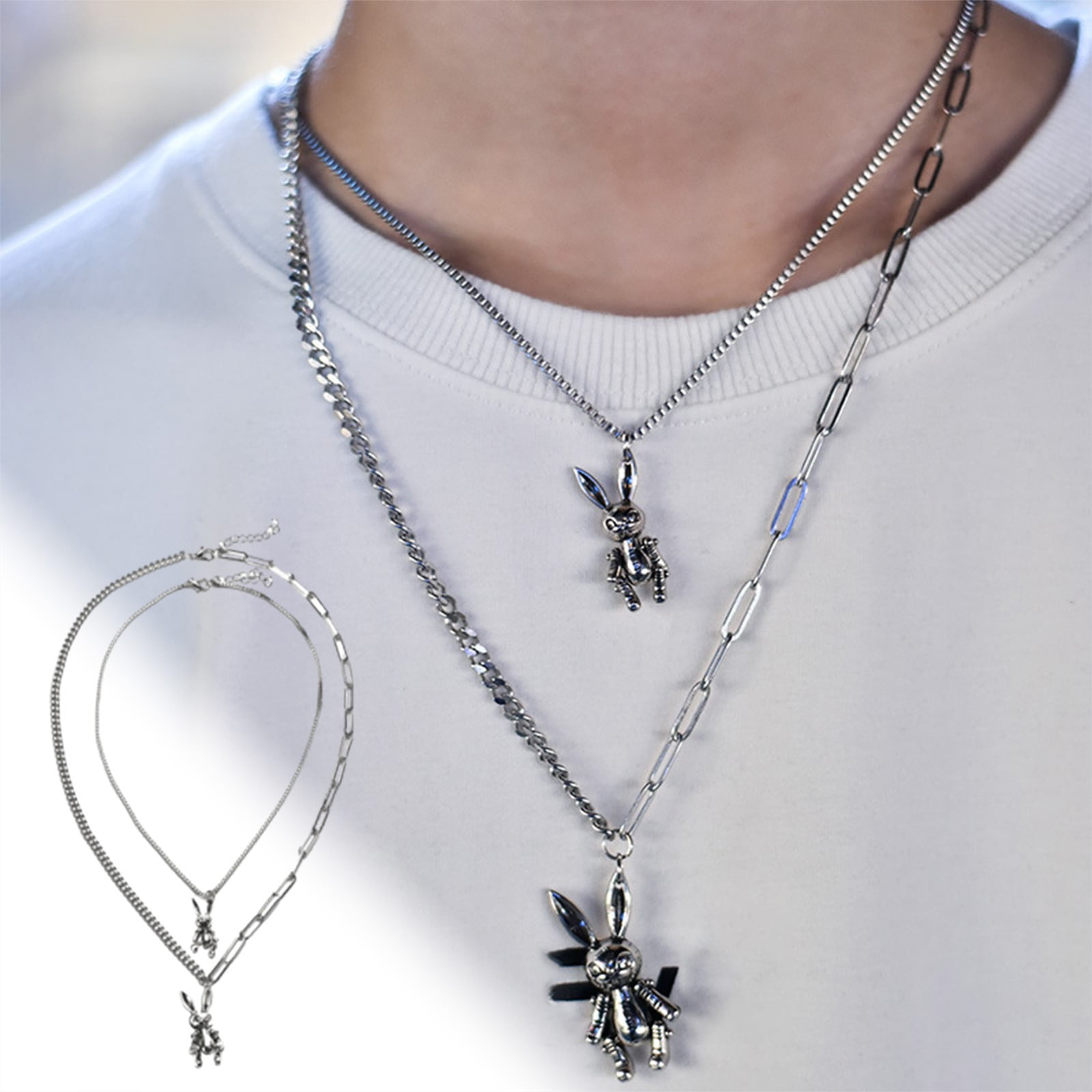 Easter Bunny Pendant Necklace Double Layer Hip Hop Retro Street