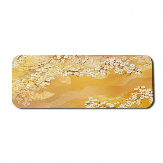 East Computer Mouse Pad, Japanese Cherry Blossom Sakura Tree Branches Blooms Artwork, Rectangle Non-Slip Rubber Mousepad Large, 31" x 12" Gaming Size, Marigold and Cream, by Ambesonne