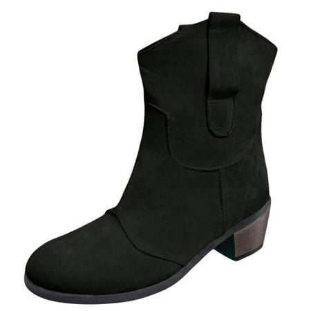 DVKOVI Womens Western Boots Boots for Women Ankle Booties Fashion Women Autumn Square Heels Slip On Solid Short Booties Round Toe Shoes Heel Boots for Women Black 38