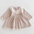 thumbnail image 4 of XinLfly Toddler Girl Knit Dress Casual Long Sleeves Solid Color Lace Back Button Sweater Dress Baby Fall Winter Outfits,Khaki,10, 4 of 6