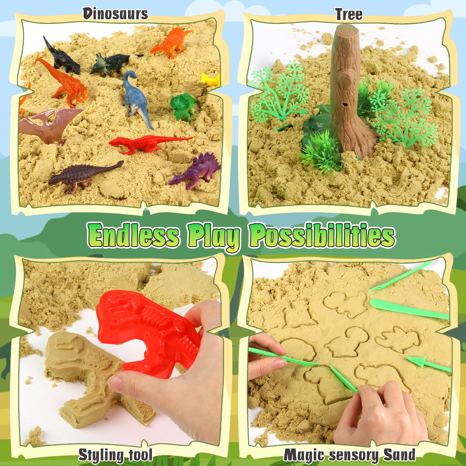 UQN Dinosaur Sensory Bin Toys for Boys, 37 PCS Sensory Bins for Toddlers 3-4 with 14 Dinosaur Toys & 2.2lb Magic Sand, Sensory Toy Birthday Gift for Boys Toddler Ages 3-8