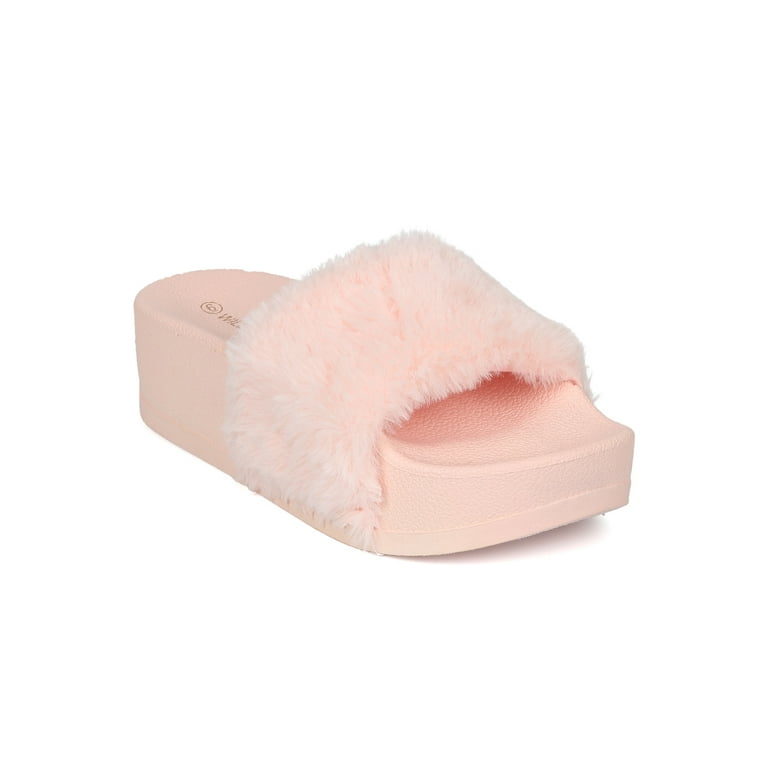 Women Faux Fur Flip Flop Platform Slide Slip On Flat Sandal