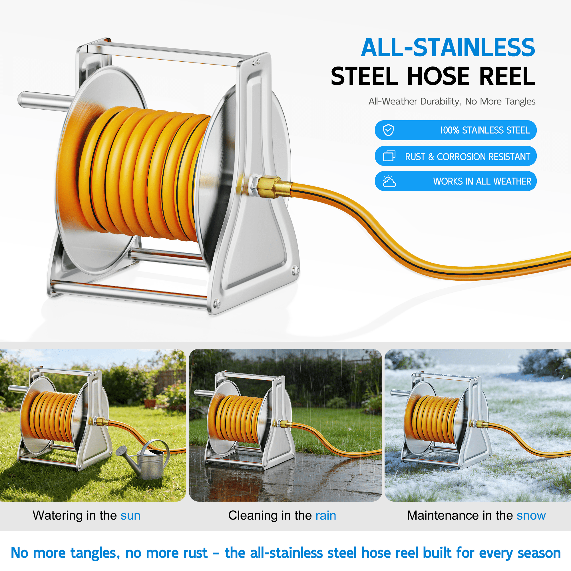 FANHAO Wall Floor Mounted Garden Hose Reel, Outdoor Heavy-Duty Water Hoses Holder Winder, Holds 125 Ft of 5/8-Inch Hose, Brass Fitting (Hose Not Included)