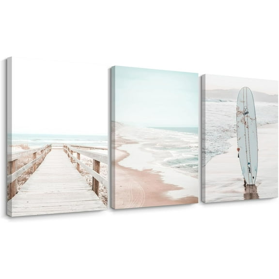 Beach Coastal Wall Art Pictures Beachy Ocean Canvas Wall Decor Surf Aesthetic Wall Art Surfboard Beach Painting Poster Coastal Ocean Artwork Prints for Bathroom Room (only canvas)