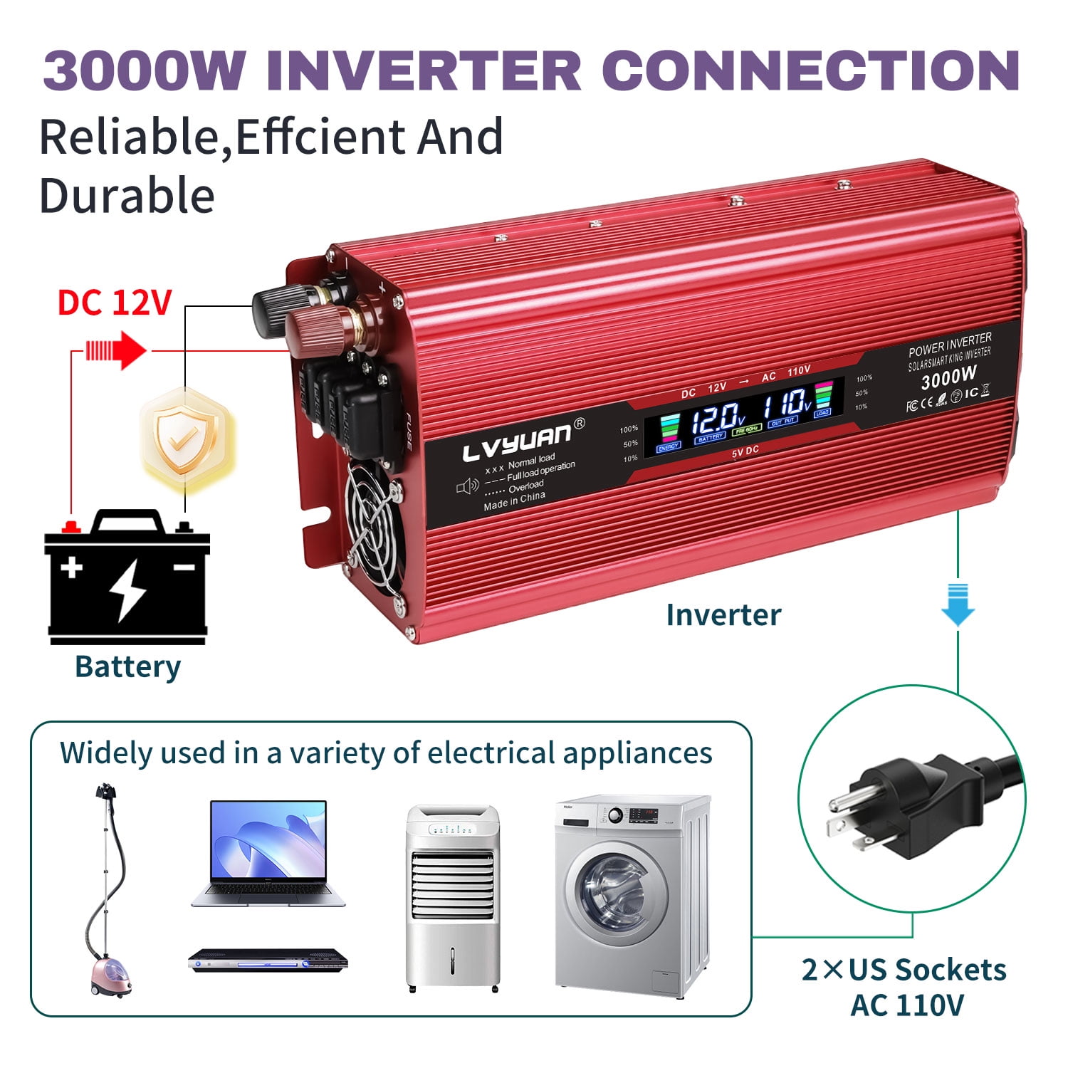LVYUAN 1000W 2000W Modified Sine Wave Peak Power Inverter, 12V DC to 110V AC Car Inverter with Dual USB & AC Outlets, LCD Display, Black for RV, Truck, Camping, Travel (Inversor de Energa para Auto)