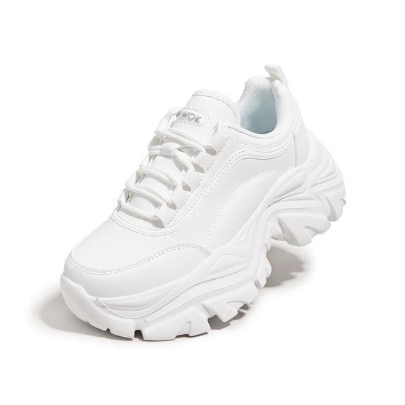 LUCKY STEP Chunky Sneakers for Women Fashion Platform White Leather Casual Dad Shoes,White