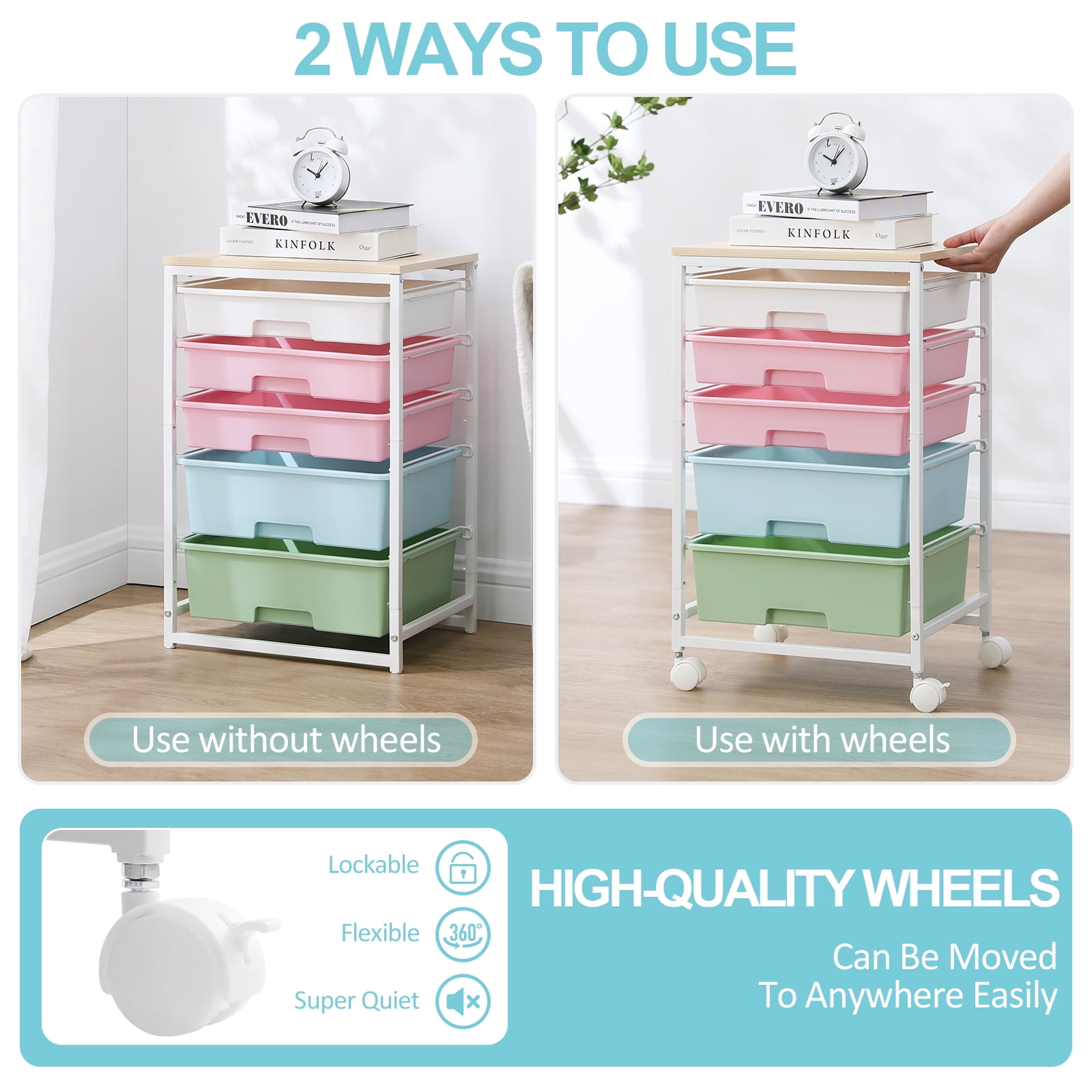 KK KINGRACK Rolling Cart with 5 Drawers, Storage Drawer Cart with Wooden Tabletop, Metal & Plastic, Multi-Color