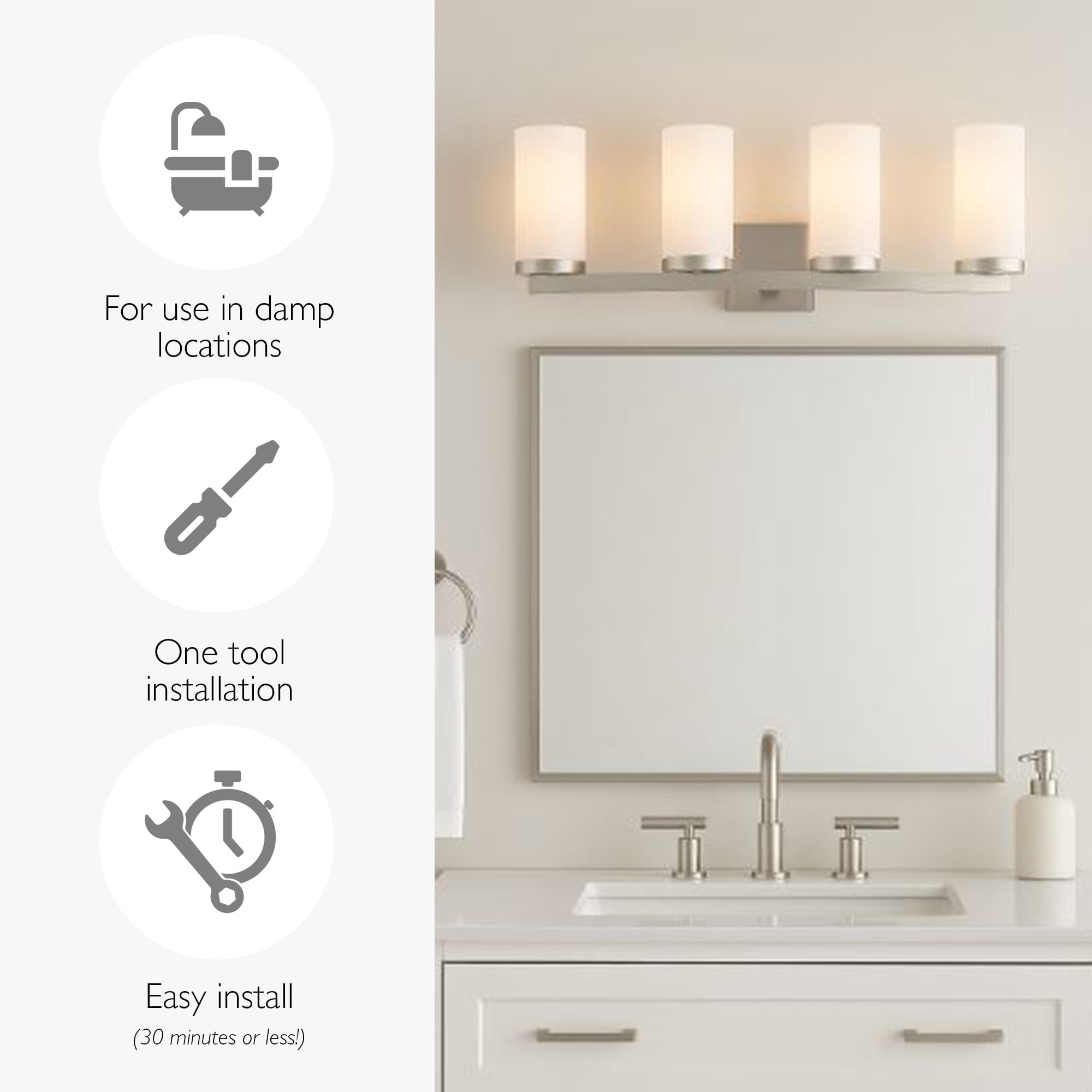 Desta 30" Satin Nickel 4-Light Dimmable Vanity Light With Curved Bar Design and Frosted Glass