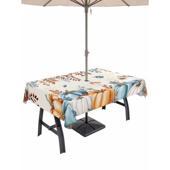 Outdoor Tablecloth with Umbrella Hole and Zipper, Orange Blue Fall Rectangle Table Cloth 52x70 Inch Waterproof Tablecloth, Thanksgiving Pumpkins Harvest Botanical Picnic Table Cover for Patio Camping