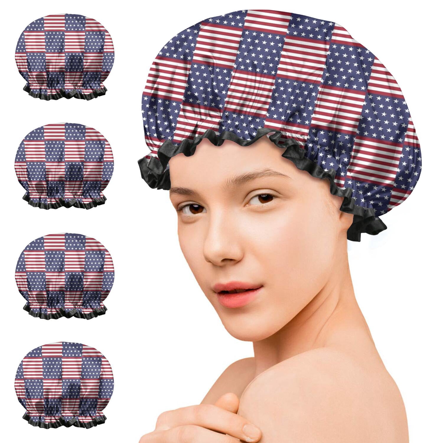 Shower Caps,Red White and Blue Star Striped Pattern Waterproof Shower Cap for Women 4 Pieces,Double Reusable Hair Cover for Shower PEVA Elastic Stretch Hem