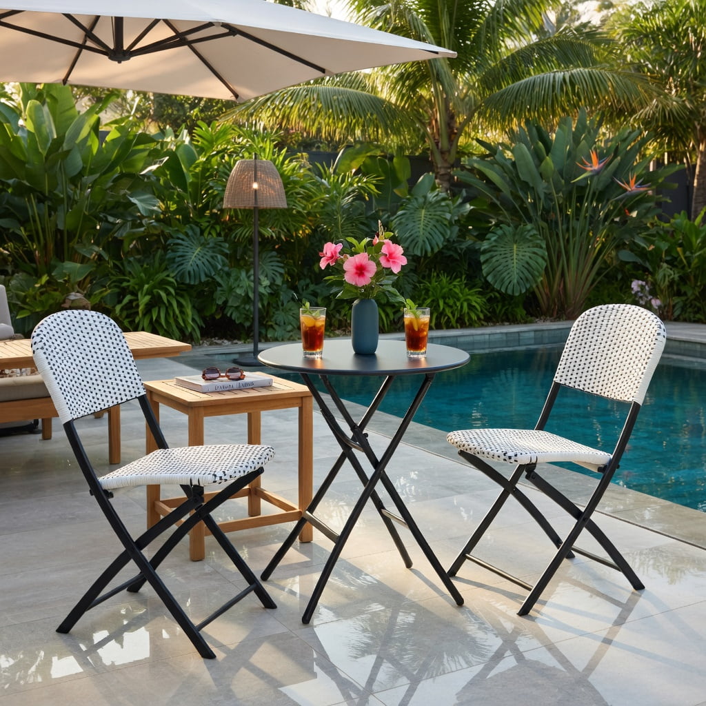 Hommoo 3-Piece Outdoor Rattan Bistro Set, Foldable Round Patio Table & 2 Ergonomic Chairs, PE Wicker on Steel Frame, for Deck, Balcony & Poolside, White and Black