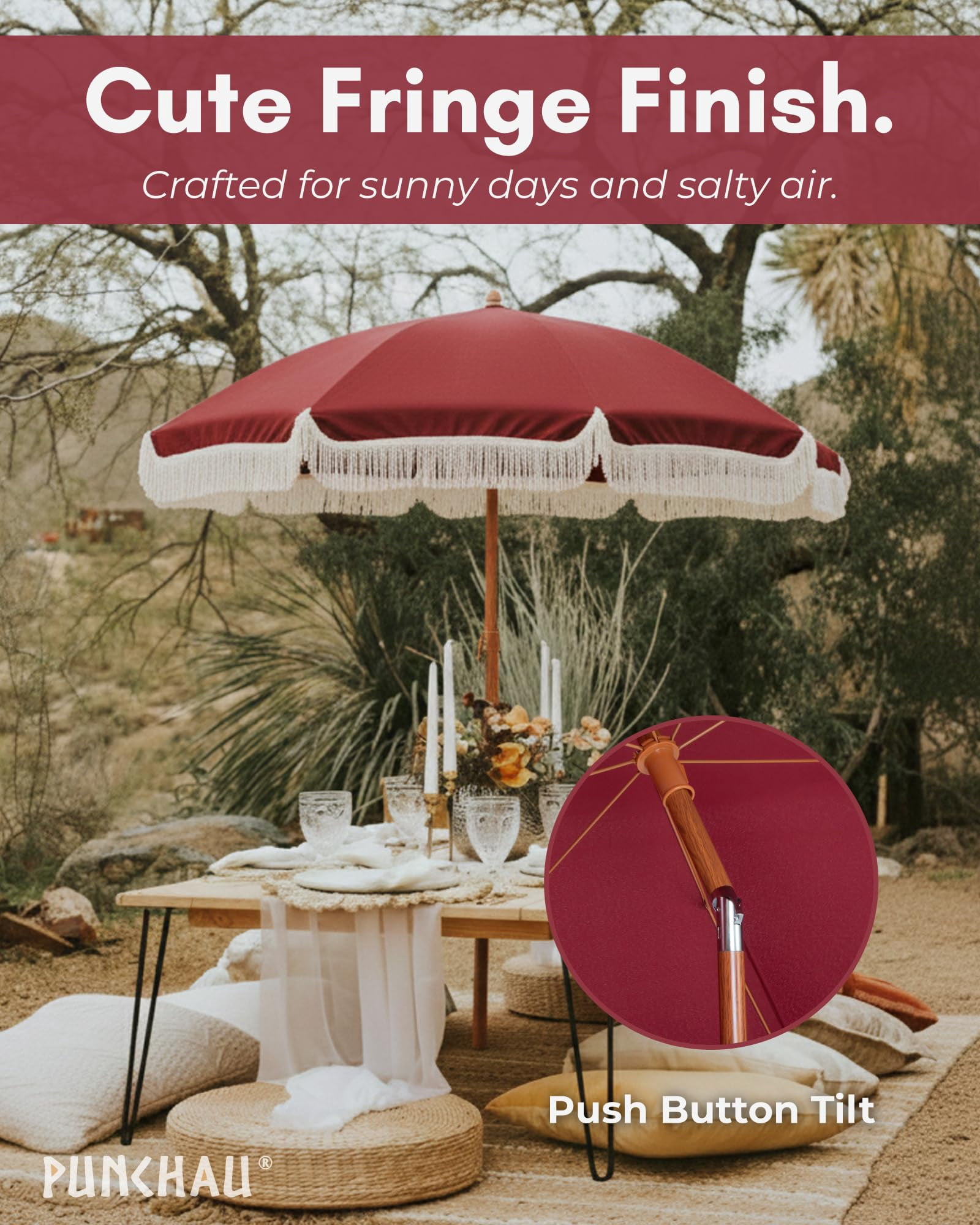 Punchau 6 Ft Fringe Patio Umbrella - Outdoor Umbrella for Patio, Pool, Table, Garden, Deck, & Beach - Push Button Tilt Pole - Fashionable Boho Vintage Tassels & Wood Print - Wine Red