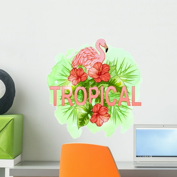 Pink Flamingo Hibiscus Flowers Wall Decal Wallmonkeys Peel and Stick Graphic (18 in H x 17 in W) WM502929