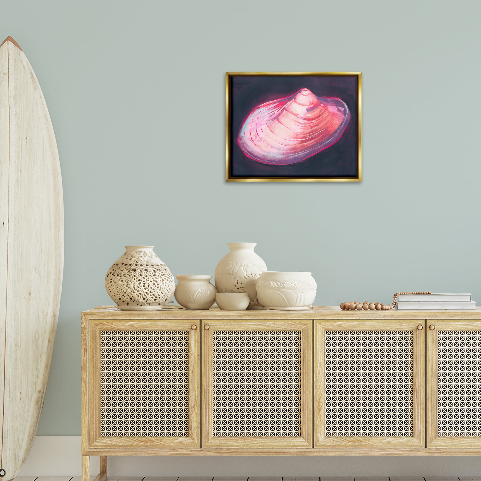 Stupell Industries Pink Seashell on Black Animals & Insects Painting Gold Floater Framed Canvas Art Print Wall Art, 21 x 17