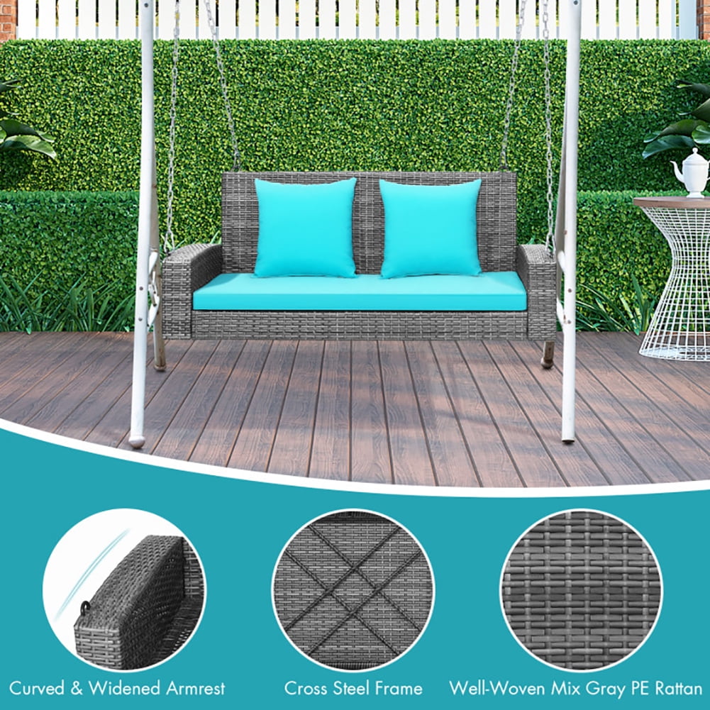 Aimee Lii 2-Person Patio PE Wicker Hanging Porch Swing Bench Chair Cushion 800 Pounds, Outdoor Patio Furniture, Turquoise
