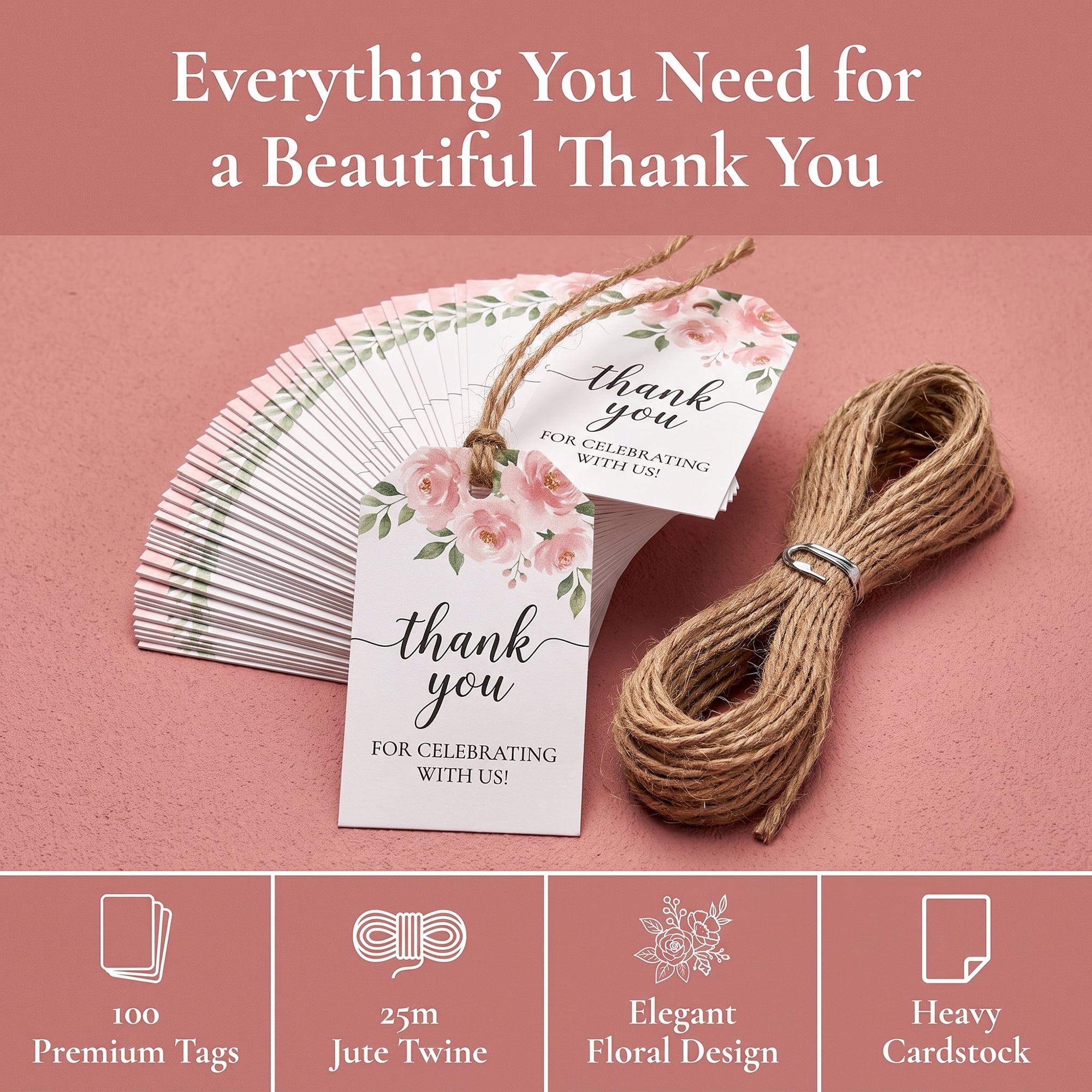 Unique Bargains Thick Thank You Gift Tags with Jute Twine Floral Patterns 2" x 3"