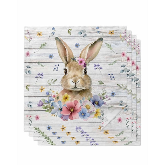 Bunny Easter Cloth Napkins Set of 4 Reusable Dinner Napkins, Spring Floral Pastoral Wooden Cocktail Napkin Washable Table Napkins for Wedding/Holiday Party/Baby Shower 20"x20"