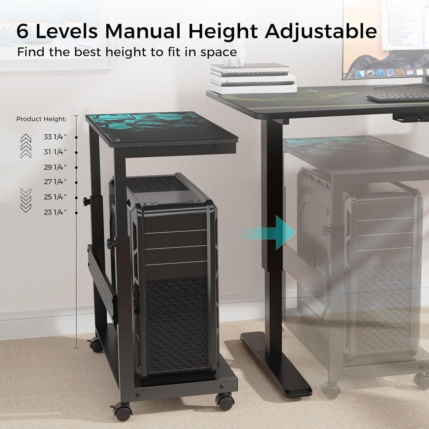 Ergonomic Computer Stand Computer Cart, Height Adjustable Tower Stand, Double Layer, Black