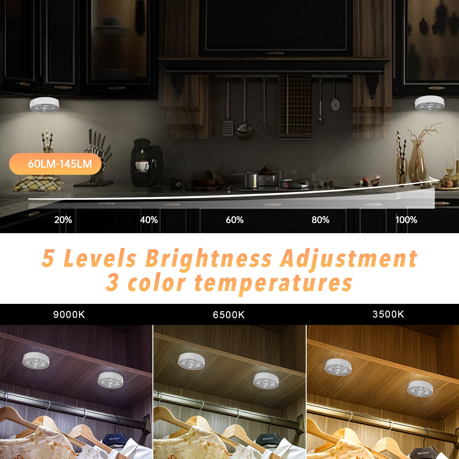 6 PCS Dimmable LED Under cabinet Light With Remote Control, 3-color Dimmable, Night Light, Rechargeable Battery-powered For Walls, Closets, Closets, Cabinets, Staircases