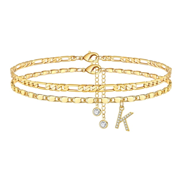 Brazalete Ursteel Initial K chapado en oro de 14 quilates, ajustable, 8.5 pulgadas