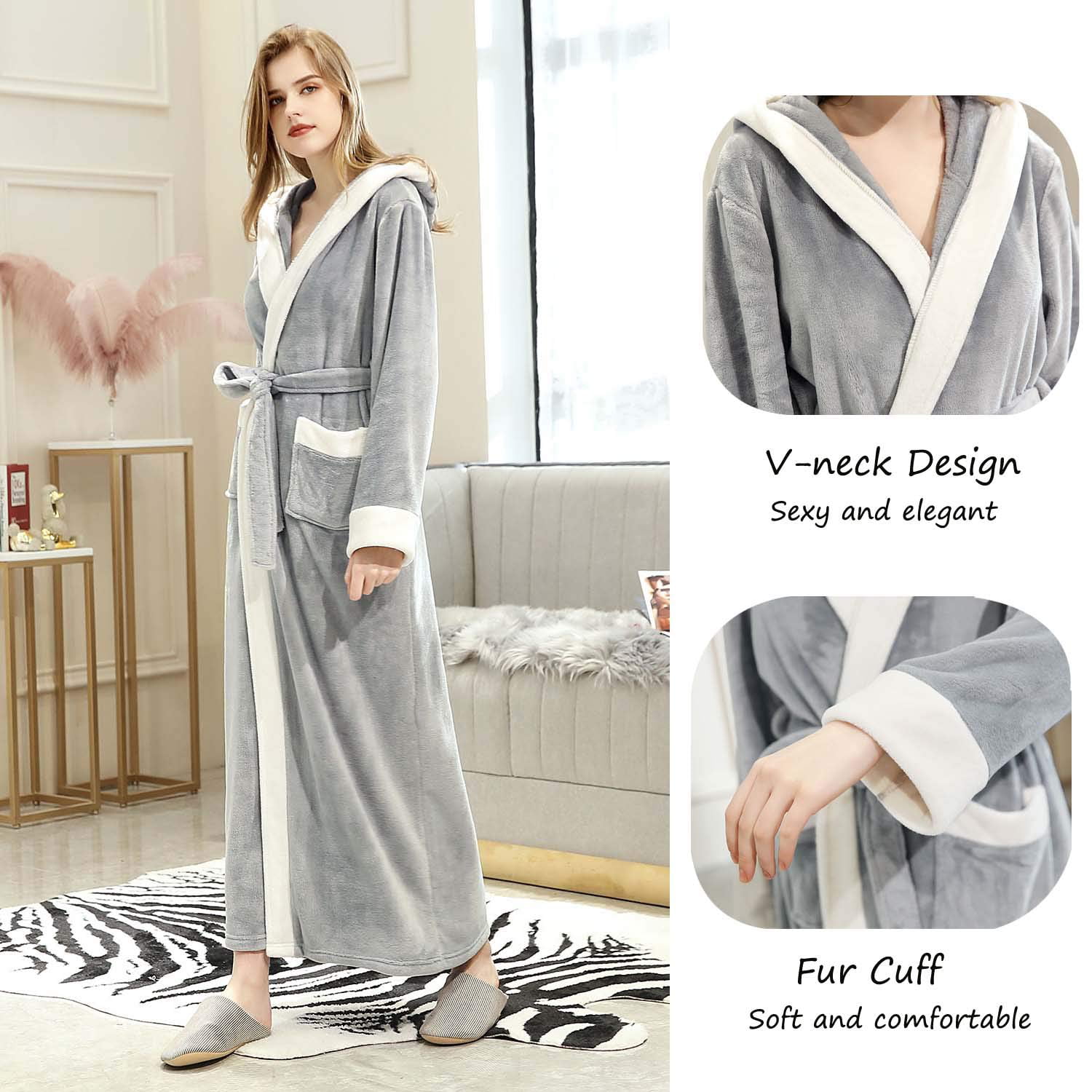 Long Hooded Bathrobe for Womens Flannel Fleece Robes Winter Warm Housecoat Nightgown Sleepwear Pajamas 