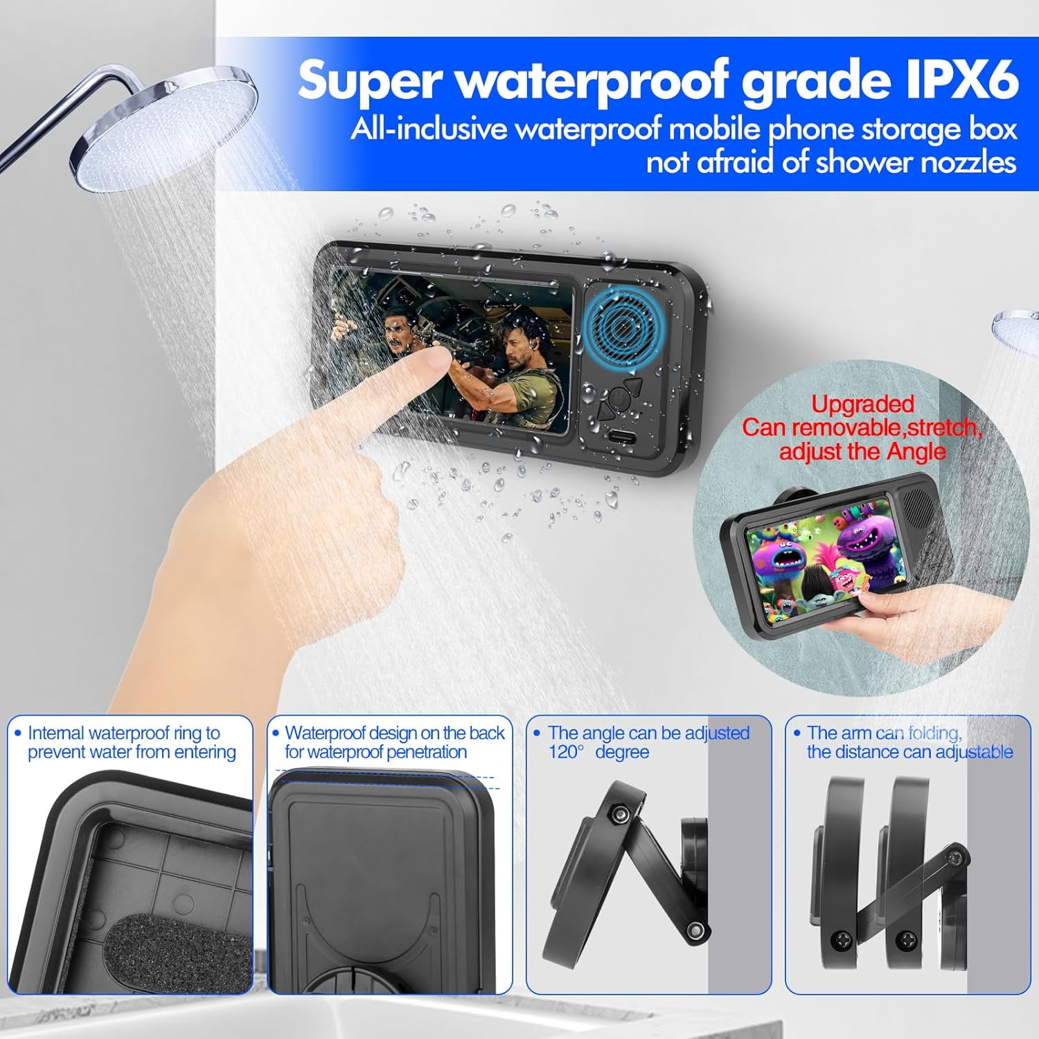 Aqua Play Handyhalter, Um 360 Grad Verstellbar, Mit Integriertem Lautsprecher, 24,5 Cm, Badezimmer-Handyhalter, Dusch-Handy-Ständer, Wasserdichte Und Beschlagfreie Hülle, Für Wand, Spiegel, Armaturenb