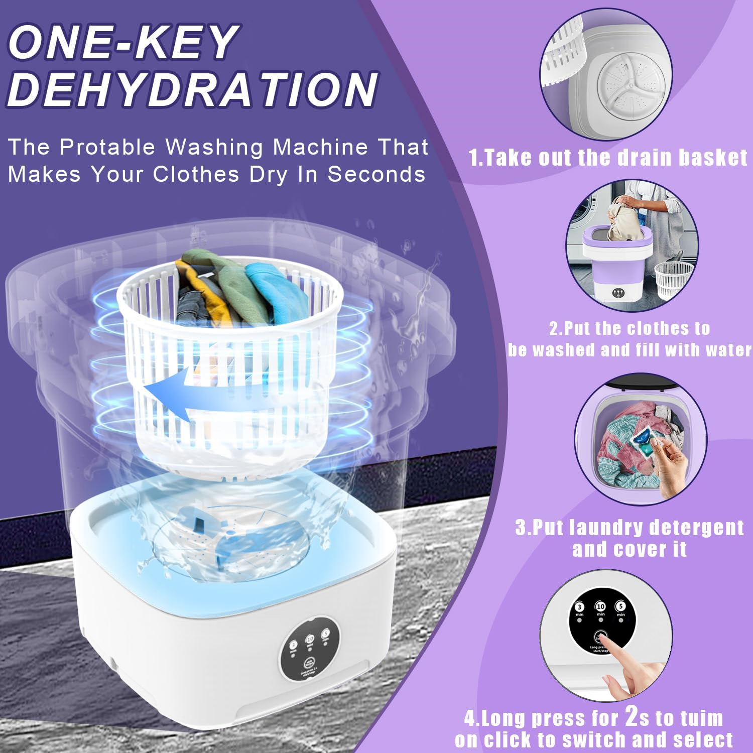 Mini Folding Washing Machine Portable For Clothes With Dryer Bucket Travel Wash 12L (Purple)