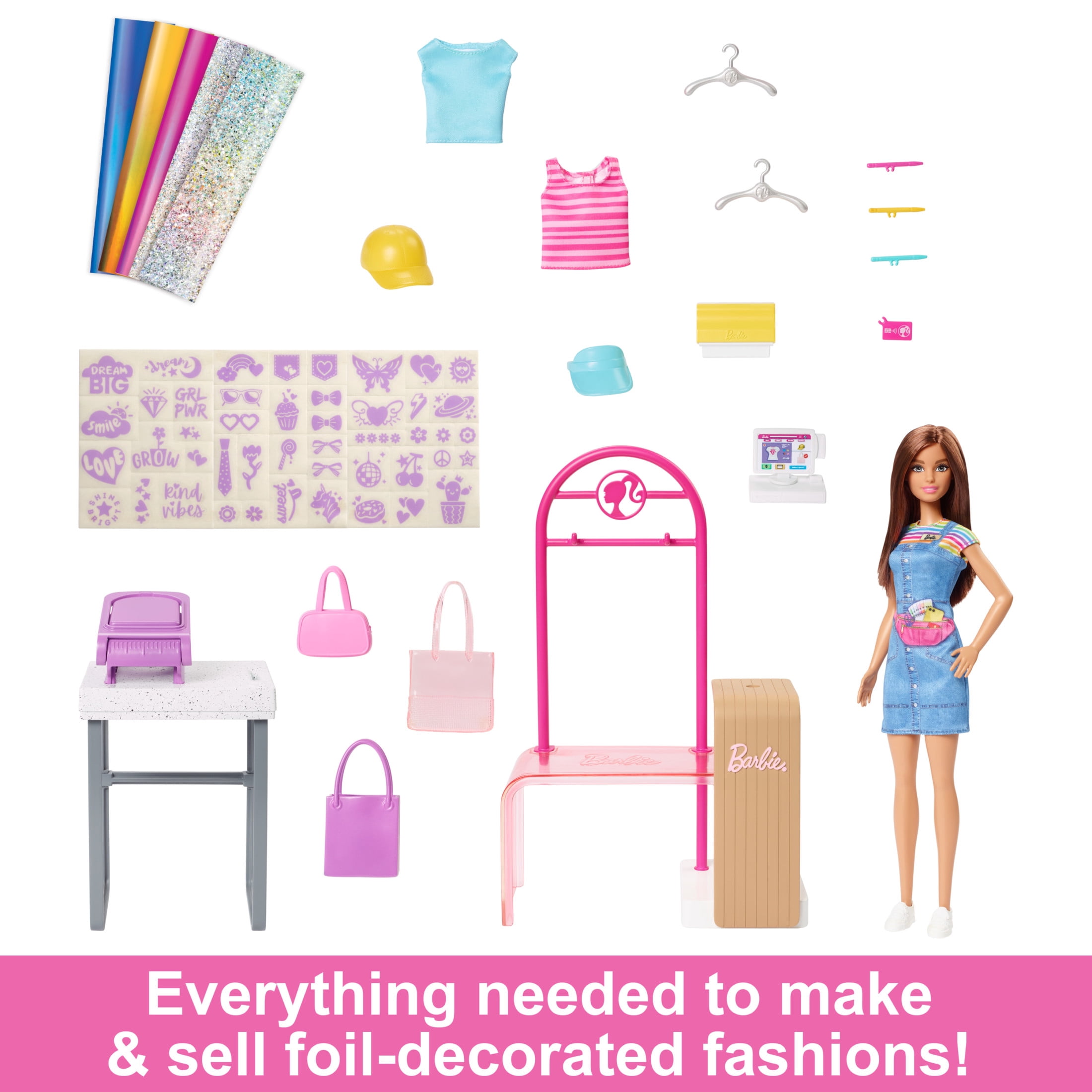 Barbie Make & Sell Boutique Playset with Brunette Doll, Foil Design Tools, Clothes & Accessories