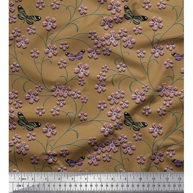 Soimoi Polyester Crepe Fabric Insect,Leaves & Flower Floral Print Sewing Fabric Yard 52 Inch Wide