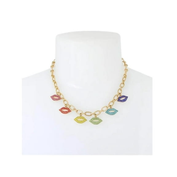 Betsey Johnson Jewelry Lips Charm Necklace Multi-Color Rainbow Goldtone Womens Gift Love Pave