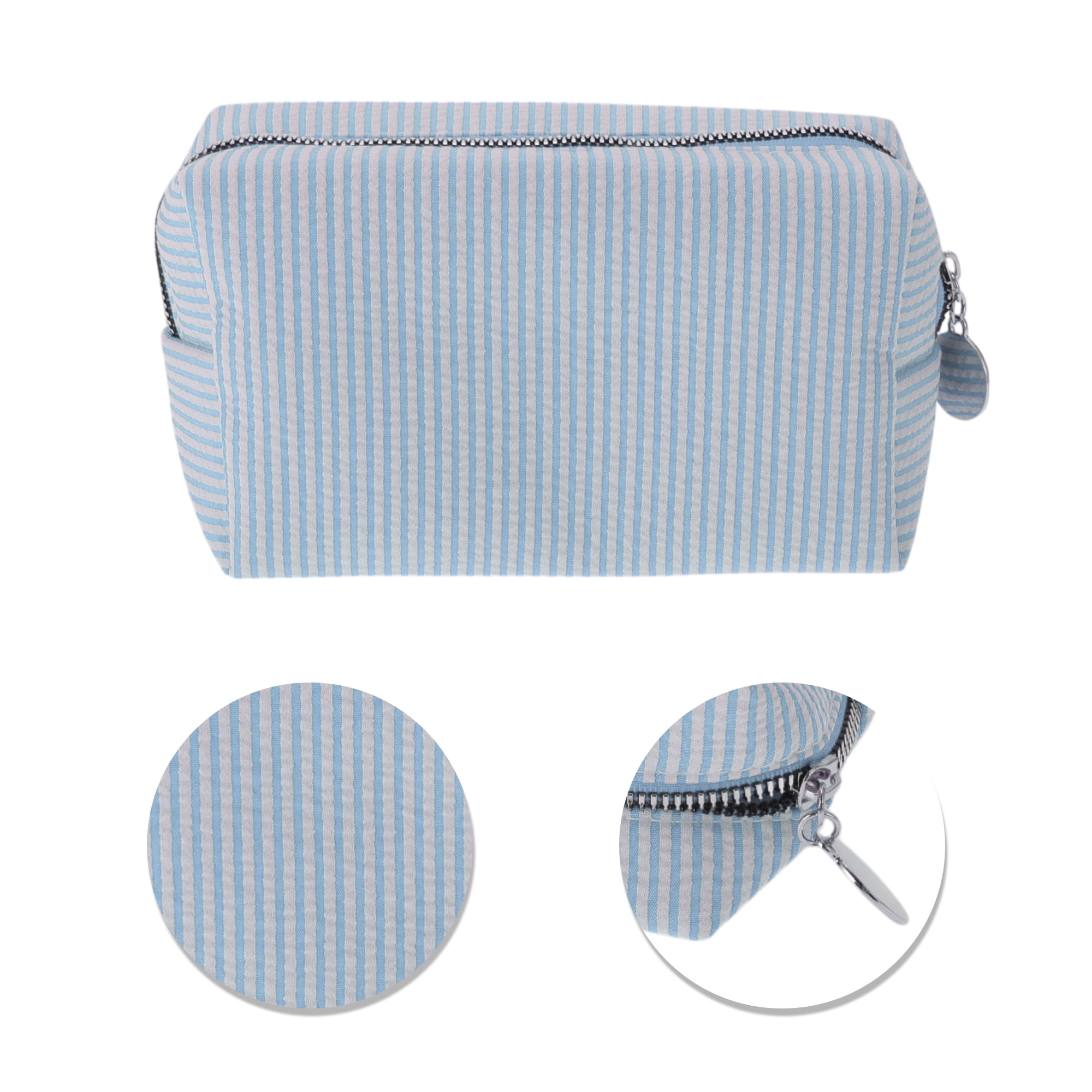 Unique Bargains 1 Pc Striped Pattern Makeup Bag with Smooth Drawstring Design Light Blue