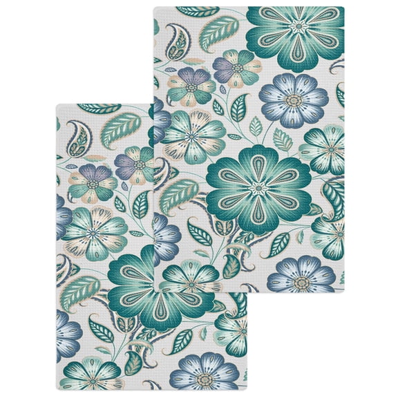 Teal Paisley Pattern Kitchen Dish Towels for Drying Dishes Set of 2, Boho Ethnic Floral Traditional Waffle Weave Microfiber Hand Tea Bathroom Towels Quick Dry & Absorbent Towel 15.7x23.6