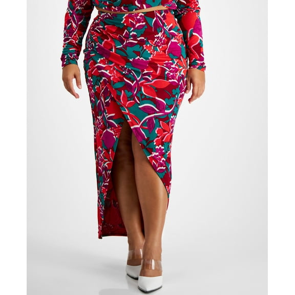 Plus Size Printed Slit-Front Pull-On Midi Skirt Shadow Shine 4X