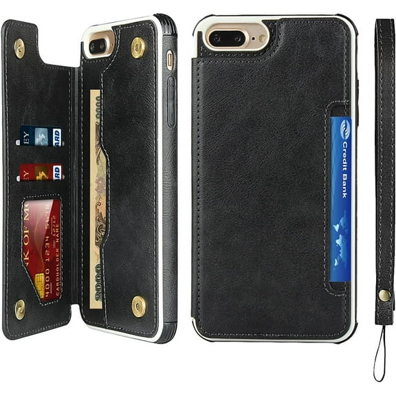 Wallet Case with Card Holder for iPhone7Plus iPhone8Plus,PU Leather Flip Case with Snap Button,Protective Bumper Phone Cover[Shockproof] Back Flip Cover with Lanyard Card Pocket-Black