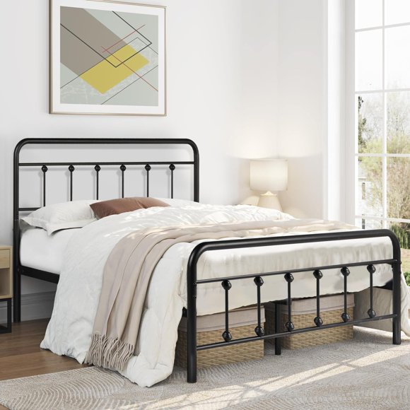 VECELO Full Size Metal Platform Bed Frame with Headboard and Footboard, Mattress Foundation Heavy Duty Steel Platform Bed, Black