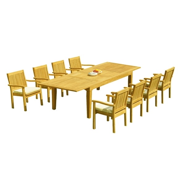 Grade-A Teak Dining Set: 8 Seater 9 Pc: 122" Caranas Rectangle Table And 8 Leveb Stacking Arm Chairs Outdoor Patio WholesaleTeak #51LV2909