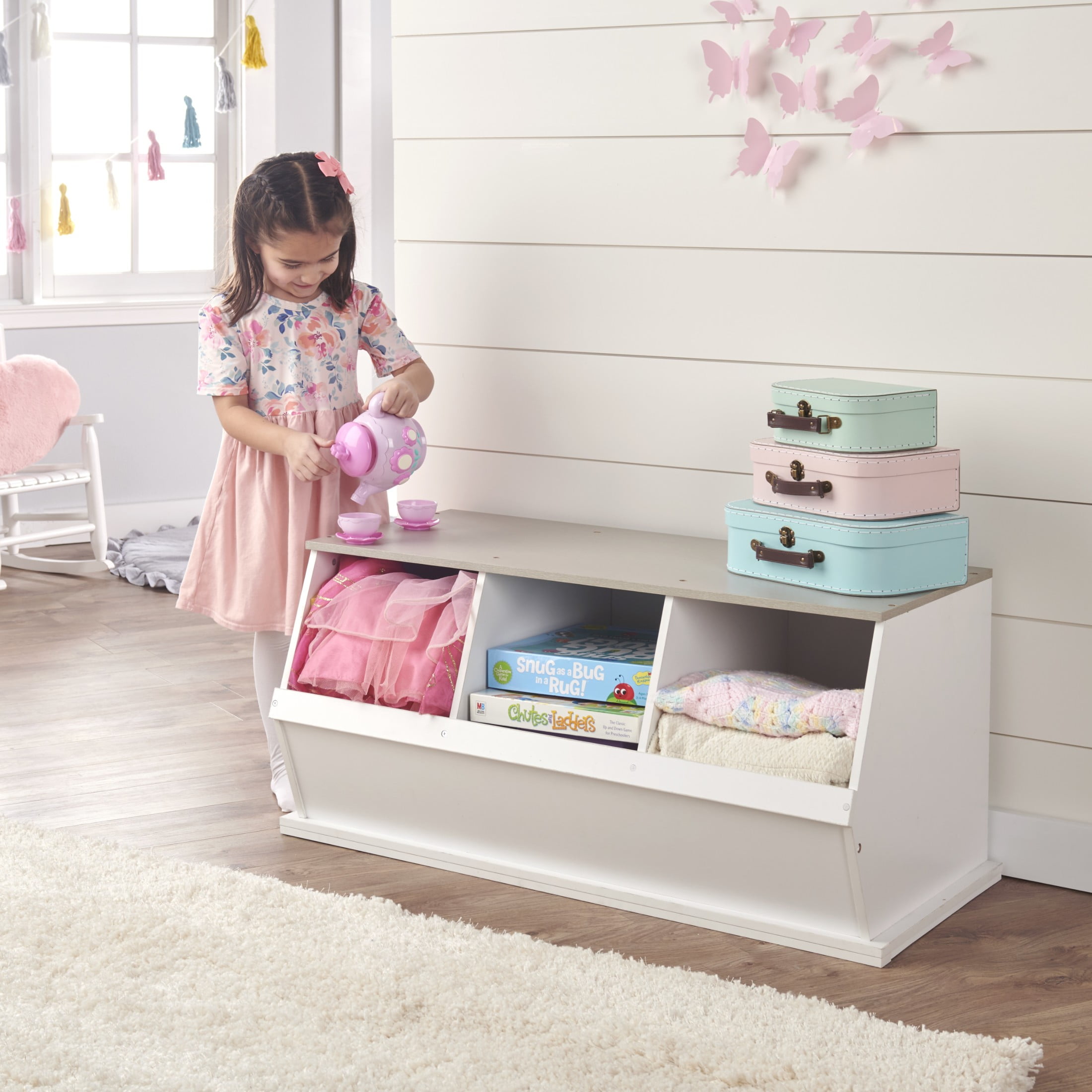 Badger Basket Children's Stackable Wooden 3-Bin 33 gal Toy Storage Cube, White & Gray