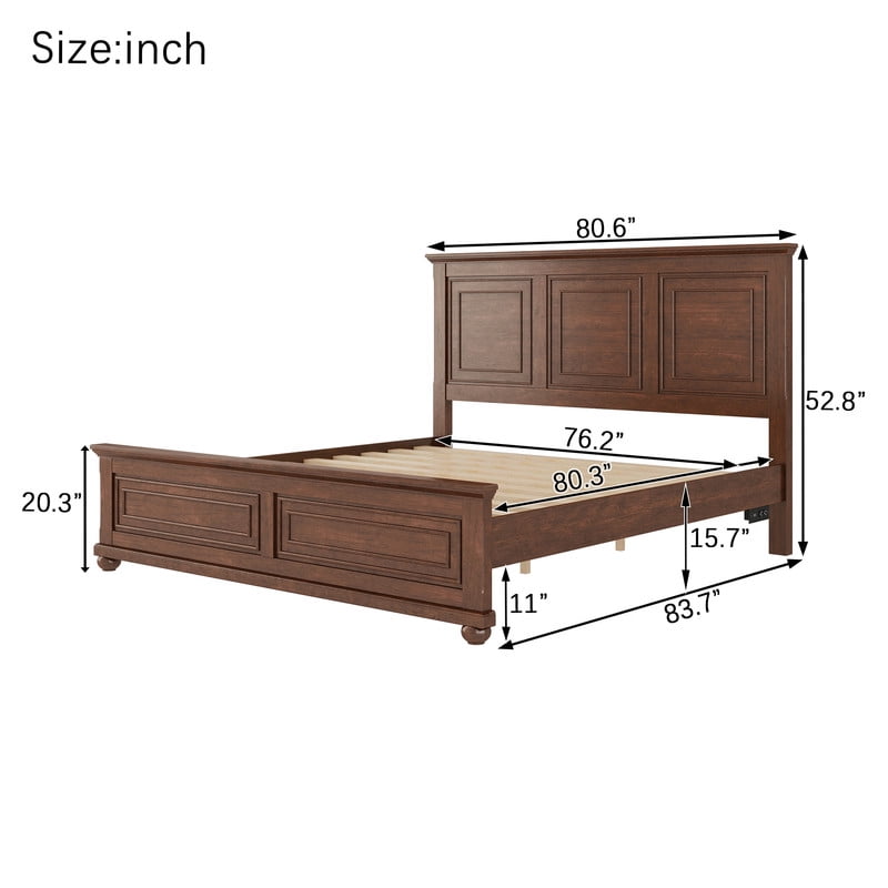Mirightone King Size Farmhouse Bed Frame with Charging Station, Tall Headboard & Footboard, Solid Wood Platform Bed, No Box Spring Needed, Noise-Free,Walnut