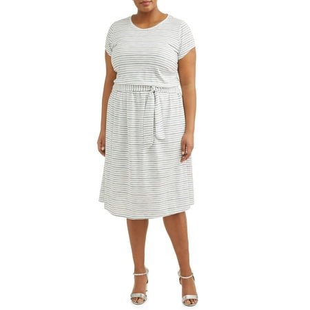 Sleeve Knitted Dress - Women's Plus Size Short Sleeve Knit Tie Waist Dress