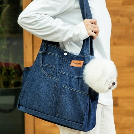 WIZUTIZ Tax Free Weekend Large Size Denim Pocket Style Outing Bag for Dogs Extra Large Size Portable Handbag Weighing 1.8lb Dog Shoulder Bag Wear-proof and Comfortable Wide Shoulde