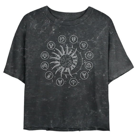 Junior's Lost Gods Celestial Zodiac Symbols Graphic Crop T-Shirt Black Medium