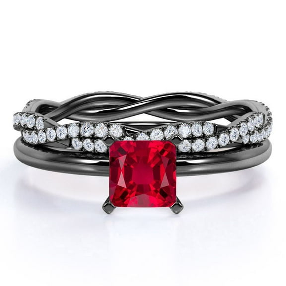 JeenMata 1.75 Carat Sunset Princess Cut Lab Created Ruby Wedding Ring Set - Engagement Ring Set - 18k Black Gold over Silver