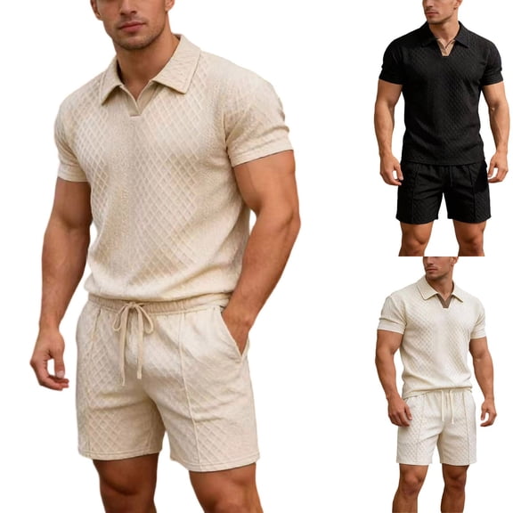 Men's 2 Pieces Outfits Casual Polo Shirt and Shorts Set Collar Athletic Jogging Jacquard Textured Summer Tracksuit Khaki