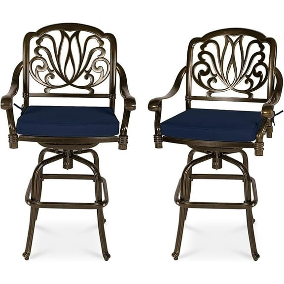 VIVIJASON Outdoor Swivel Bar Stools Set of 2, All-Weather Cast Aluminum Bar Height Bistro Chairs with Footrest, High Back and Armrest, High Top Patio Bar Chairs with Cushion for Poolside Backyard