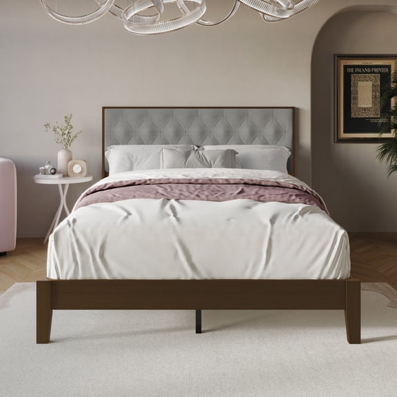 Home Design Kankakee Brown/Dark Gray Twin Solid Wood Panel Bed with Upholstered Foam-Padded Headboard, Adult, Bedroom