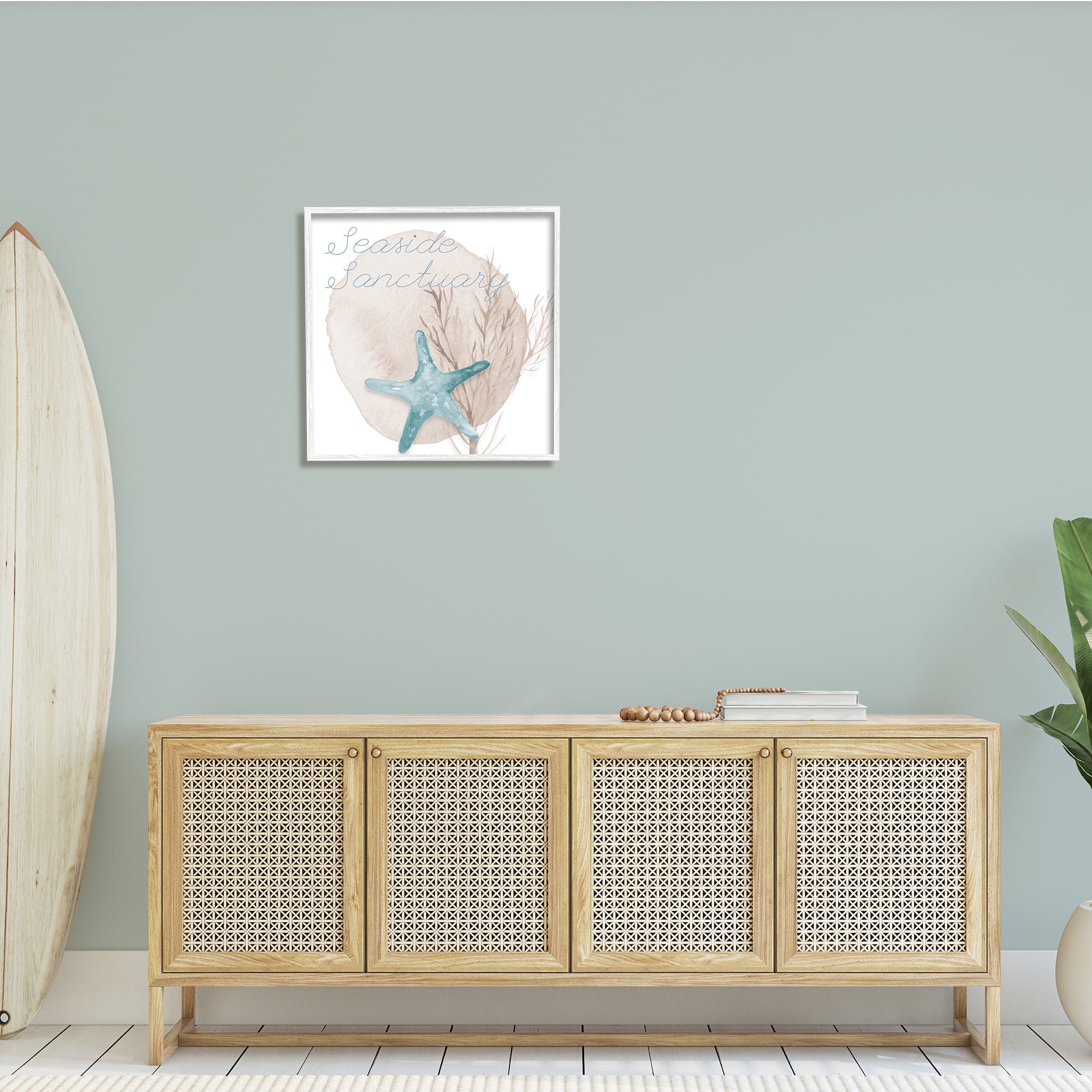 Stupell Indtries Seaside Sanctuary Phrase Soft Blue Starfish Brown Kelp,24 x 24,Design by Lucille Price
