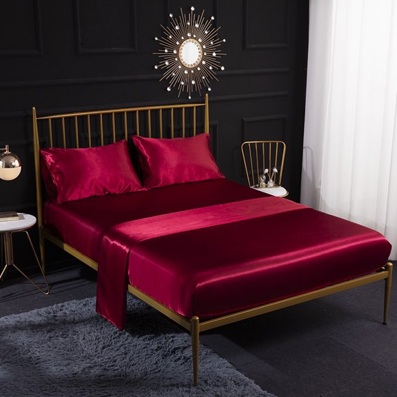 Ensemble de Draps en Satin, Ensemble de Draps Taille Simple, Ensemble de Literie Soyeux 3 Pcs avec Poche Profonde de 15 Pouces pour Matelas (Simple, Bourgogne)