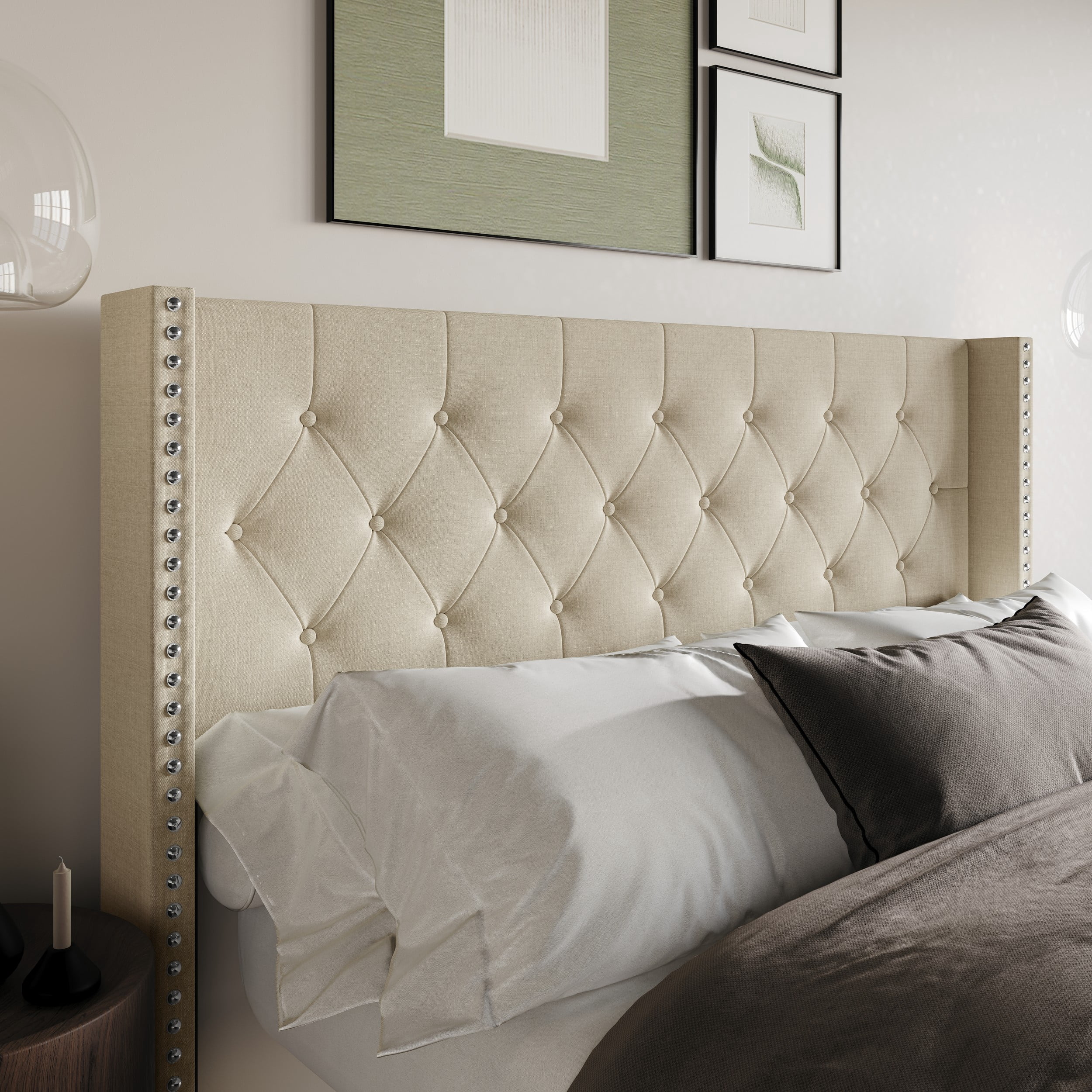 Home Design Grinnell Twin Tufted Upholstered Headboard with Wingback Design & Button-Tufted Detail, Beige, Easy Assembly