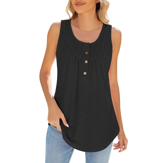 HBFAGFB Débardeurs pour Femmes Mode Boutonné Col Rond Sans Manches Chemise Vêtements d'Été Noir Taille g