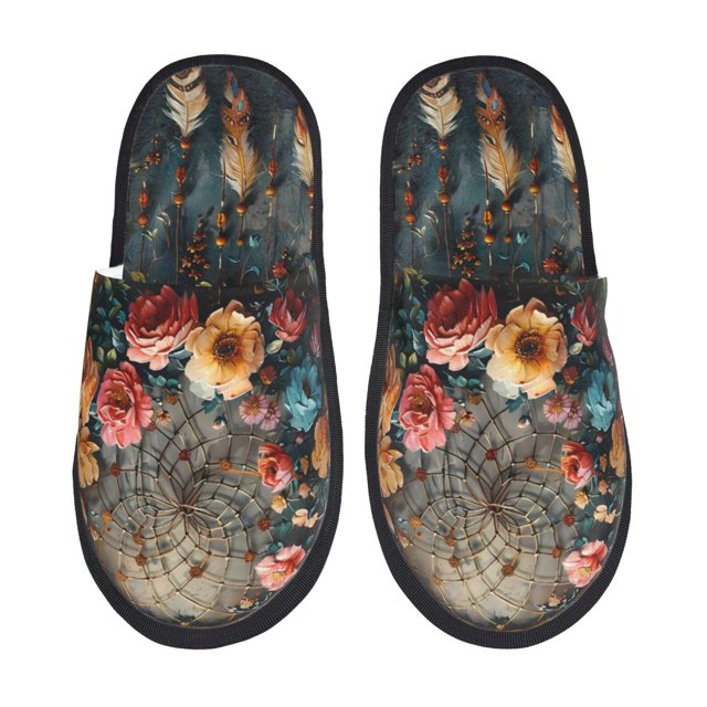 Fotbe Floral Dreamcatcher Elegance Pantuflas Peludas para Mujer con Estampado, Zapatillas de Peluche, Zapatos de Invierno para Casa, Uso Interior y Exterior-Large